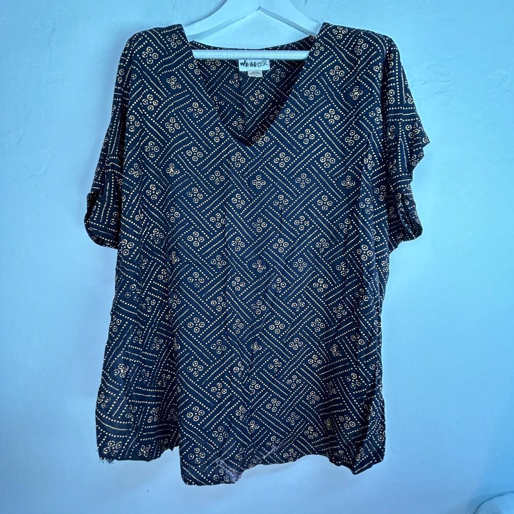 We-Be-Bop Womens 2X Black Gold Geometric Print V-Neck Short Sleeve Tunic Blouse